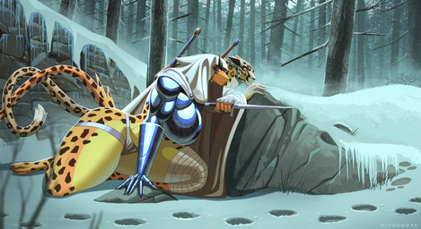 5_fingers anthro armor bandage bandaged_leg big_breasts black_ears black_nose breastplate breasts cheetah_spots claws cloak clothing countershade_legs countershade_thighs countershade_torso countershading crouching detailed_background dipstick_tail duo ears_back entwined_tails eyebrows facial_markings female fingers footprint frown fur gauntlets glancing_back gloves grass hand_on_ground hand_wraps handwear head_markings holding_knife holding_object holding_weapon hood hood_up ice icicle kneeling kneeling_on_ground knife leopard_spots long_eyebrows male markings melee_weapon metal_armor orange_body orange_eyes orange_fur panties pivoted_ears plant reverse_grip rock rounded_ears scratch_mark shrub side_eye snow spots sword sword_on_back tail tail_coil tail_markings tail_tuft thick_thighs tree tuft unconvincing_armor underwear wall_(structure) weapon winter wraps yellow_body yellow_eyes yellow_fur hiverdose last_fables lieren_(last_fables) mikhalko_(hiverdose) cheetah felid feline leopard mammal pantherine digital_media_(artwork) hi_res