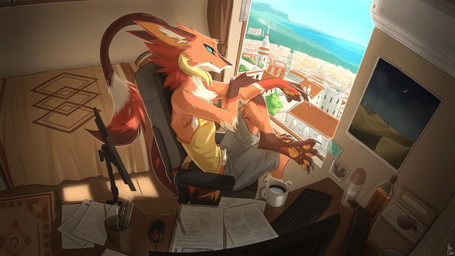 anthro blue_eyes clothing detailed_background fur male orange_body orange_fur paws sitting solo white_body white_fur kluclew mythology dragon mythological_creature mythological_scalie scalie 16:9 hi_res widescreen