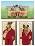 anthro antlers bathrobe beard clothing comic deer dialogue english_text facial_hair hi_res horn male mammal moose mostly_nude nardodraws new_world_deer outside robe robe_only solo speech_bubble text tom_(nardodraws)