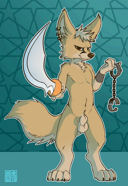 4_toes abstract_background animal_genitalia anthro arm_tuft armband balls biped black_claws black_pawpads brown_eyes brown_nose cheek_tuft chest_tuft claws cuff_(restraint) ear_piercing ear_ring facial_tuft fangs feet finger_claws fluffy fluffy_tail front_view fully_sheathed fur genitals hair half-closed_eyes holding_melee_weapon holding_object holding_sword holding_weapon inner_ear_fluff looking_at_viewer male melee_weapon narrowed_eyes navel nude pawpads piercing restraints ring_piercing shackles sheath short_hair shoulder_tuft smile solo standing sword tail tan_balls tan_body tan_ears tan_fur tan_hair tan_inner_ear tan_inner_ear_fluff tan_sheath tan_tail teeth toes tuft weapon yookie canid canine fennec_fox fox mammal true_fox 2016 dated hi_res