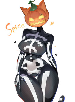 anthro big_breasts bodysuit breasts clothing female food fruit hands_on_legs hands_on_thighs heart_symbol looking_at_viewer plant pumpkin skinsuit solo thick_thighs thigh_gap tight_clothing wide_hips togetoge epic_games fortnite spice_(fortnite) domestic_cat felid feline felis mammal 2025 hi_res