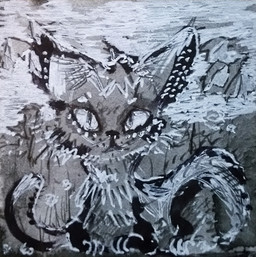 ambiguous_gender detailed_background feral fur grey_body grey_fur lying on_front solo naircat domestic_cat felid feline felis mammal 2015 hi_res monochrome painting_(artwork)