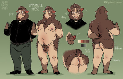anthro anus balls body_hair butt clothed clothing dock_(anatomy) eyewear fingers genitals glasses happy_trail heart_(marking) hooved_fingers hooves male markings mature_male nude penis priest pubes sheared slightly_chubby solo tail wearing_glasses pinipeen bovid caprine mammal sheep hi_res model_sheet
