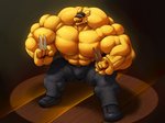 abs anthro biceps big_muscles bottomwear clothing footwear hat headgear headwear huge_muscles hyper hyper_muscles knife lights male muscular muscular_anthro muscular_male open_mouth pants pecs shoes solo yellow_body croconut a_hat_in_time the_conductor_(ahit) avian bird 4:3 hi_res