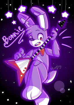 anthro bow_tie buckteeth electric_guitar fingers fur guitar hair head_tuft holding_object machine male musical_instrument open_mouth plucked_string_instrument purple_body purple_fur purple_hair red_eyes small_tail solo star string_instrument tail teeth text tongue tuft white_body white_fur tkaoaii-artz five_nights_at_freddy's scottgames bonnie_(fnaf) animatronic lagomorph leporid mammal rabbit robot 2018 english_text hi_res signature
