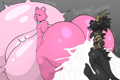 abdominal_bulge ahegao ambiguous_penetration armlet balls big_balls big_breasts big_butt big_penis black_balls black_body black_hair black_scales blue_bow_tie bodily_fluids bow_tie breasts butt countershade_breasts countershade_torso countershading cum cum_inflation cum_inside cum_on_butt dotted_background drooling duo emanata empty_eyes excessive_cum excessive_genital_fluids exclamation_point eyelashes female flash_emanata from_behind_position genital_fluids genitals gold_(metal) gold_jewelry gradient_background grey_background hair hair_over_eye half-closed_eyes hand_on_hip horn horn_jewelry huge_balls huge_breasts huge_butt huge_penis hyper hyper_balls hyper_breasts hyper_butt hyper_genitalia hyper_penis inflation jewelry looking_pleasured male male/female markings motion_lines narrowed_eyes neck_bow onomatopoeia open_mouth orgasm_face pattern_background penetration penis pink_body plushie pointy_ears round_ears saliva scales sex sharp_teeth simple_background smile sound_effects stylized_empty_eyes teeth text thick_thighs thrusting tremble_spikes vein yellow_markings yellow_penis stemingbunbun lovedoll_toy_factory takashi_kiyoshi teddi_(gremlingrounded) animate_inanimate bear living_plushie mammal 2025 absurd_res cel_shading digital_media_(artwork) hi_res shaded signature