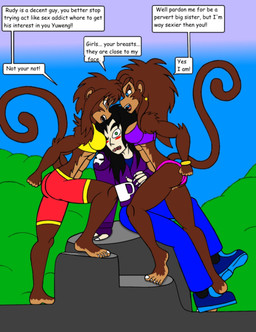5_toes anthro barefoot bottomwear bra clothed clothing coffee_cup coffee_mug container countershade_feet countershading cup curled_tail feet female fighting_over_boy fist group male male/female open_mouth panties shorts speech_bubble tail text toes trio underwear teamavalanchemember2 haplorhine human mammal monkey primate english_text hi_res