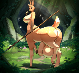 balls big_balls big_breasts big_butt big_penis breasts butt detailed_background flaccid foreskin forest genitals grass gynomorph holding_object huge_balls huge_breasts huge_butt huge_penis humanoid_genitalia humanoid_penis hyper hyper_balls hyper_genitalia hyper_penis intersex light looking_at_viewer looking_back melee_weapon penis plant polearm solo spear sunlight tree weapon tohilewd bambi_cherry cherry_popper equid equid_taur hybrid lagomorph leporid mammal mammal_taur rabbit taur absurd_res hi_res