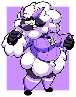 2_horns 4_fingers anthro big_breasts black_body black_clothing black_eyes black_footwear black_fur black_shoes book breasts closed_smile clothed clothed_anthro clothed_female clothing conjoined_eyes curly_hair curvy_figure eyelashes eyewear female fingers footwear fur glasses hair holding_book holding_object holding_pen horn lanyard lidded_eyes light long_hair looking_at_viewer mouth_closed multicolored_body multicolored_fur outline pen purple_background purple_clothing purple_horn purple_inner_ear purple_knee_socks purple_nose purple_sweater purple_topwear round_glasses shoes simple_background slightly_chubby slightly_chubby_anthro slightly_chubby_female smile smiling_at_viewer solo sweater thick_thighs topwear two_tone_body two_tone_fur white_body white_fur white_hair white_outline white_wool wide_hipped_anthro wide_hipped_female wool_(fur) bobberbobman maribel_(bobberbobman) bovid caprine mammal sheep 2025 cel_shading colored digital_drawing_(artwork) digital_media_(artwork) english_description full-length_portrait lighting portrait shaded