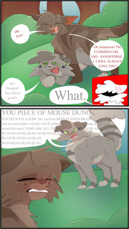 ambiguous_penetration angry bodily_fluids brown_body brown_fur canon_couple cross-popping_vein dialogue duo fangs female feral fluffy fluffy_hair fluffy_tail forest forest_background freckles fur green_eyes grey_body grey_fur hair insult male male/female markings mentioned_character name_in_dialogue nature nature_background open_mouth paws penetration plant screaming sex simple_background smile speech_bubble spots stripes sweat sweatdrop tail talking_feral teary_eyes teeth text thinking_about_another tongue toony tree two_panel_image wrong_name tempestpaw warriors_(book_series) dustpelt_(warriors) ferncloud_(warriors) domestic_cat felid feline felis mammal tabby_cat 9:16 colored comic digital_drawing_(artwork) digital_media_(artwork) english_text flat_colors hi_res shaded incest_(lore) niece_(lore) uncle_(lore) uncle_and_niece_(lore)