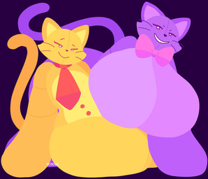 accessory ambiguous_gender anthro big_breasts biped bow_tie breasts closed_smile duo eyebrows eyelashes featureless_breasts female femboy front_view grin huge_breasts huge_thighs male monotone_body mouth_closed narrowed_eyes necktie nude nude_female plushie purple_background purple_body purple_ears purple_tail simple_background sitting smile tail text thick_thighs whiskers yellow_body yellow_ears yellow_tail cocoaberry lovedoll_toy_factory bratti_(gremlingrounded) catti_(gremlingrounded) animate_inanimate domestic_cat felid feline felis living_plushie mammal 2026 absurd_res artist_name digital_drawing_(artwork) digital_media_(artwork) flat_colors hi_res lineless male_(lore)