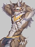 2023 3:4 abs absurd_res anthro areola athletic athletic_anthro athletic_male balls black_sclera blush brown_body brown_fur bulge canid canine canis clothing detailed_bulge fur genitals gold_(metal) gold_jewelry hi_res humanoid_genitalia humanoid_penis jackal jewelry lifewonders looking_at_viewer male mammal muscular penis seth_(tas) solo tail tokyo_afterschool_summoners ty_arashi underwear white_body white_fur