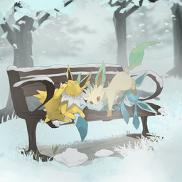 ambiguous_gender bench blue_body brown_eyes eyes_closed featureless_crotch feral fur grass group lying pawpads paws plant scratching sleeping snow standing_on_another tail tan_body tan_fur tree trio winter yellow_body yellow_fur fishburi nintendo pokemon eeveelution generation_1_pokemon generation_4_pokemon glaceon jolteon leafeon pokemon_(species) 1:1 2026 absurd_res hi_res