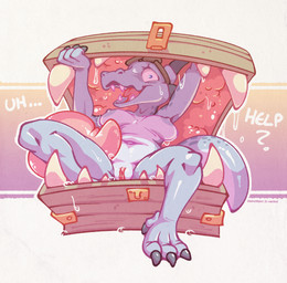 4_fingers 4_horns 4_toes ambiguous_gender anthro areola big_tongue biped black_claws blue_areola blue_body blue_eyes blue_nipples blue_scales blue_tail bodily_fluids breasts brown_eyewear brown_goggles claws collarbone countershading dialogue duo eyewear eyewear_on_head feet female female/ambiguous female_anthro finger_claws fingers genitals goggles goggles_on_head grey_horn horn humanoid_genitalia humanoid_vulva in_mouth interspecies looking_at_viewer medium_breasts multi_horn navel nipples non-mammal_breasts non-mammal_navel non-mammal_nipples nude nude_anthro nude_female open_mouth pink_tongue saliva saliva_on_face saliva_on_leg saliva_on_tongue scales sharp_teeth snout tail teeth text thick_tail toe_claws toes tongue vulva white_text wide_eyed onihidden noodle_(adangernoodle) kobold mimic mimic_chest reptile scalie 2025 english_text handwritten_text hi_res