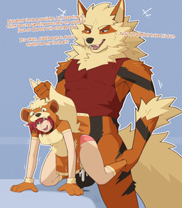 abdl age_difference anthro bdsm clothed clothing cosplay daddy_kink diaper diaper_sex diapered_female dominant dominant_anthro dominant_male duo female green_eyes hair human_on_anthro interspecies male male/female older_male petplay puppy_girl puppyplay red_hair roleplay text wearing_diaper yuniwolfsky nintendo pokemon jenna_(wolvesatyourdoor) arcanine generation_1_pokemon growlithe human mammal pokemon_(species) absurd_res english_text hi_res