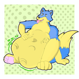 abdominal_bulge anthro belly belly_inflation belly_overhang blue_body bodily_fluids duo inflation male male/male oral_vore paws rumbling_stomach saliva saliva_on_tongue vore liam_98 canid canine canis humanoid mammal wolf 1:1 absurd_res hi_res