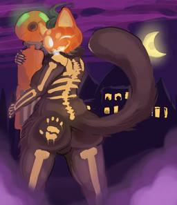 anthro black_body black_fur breasts butt female fog food for_a_head fruit fur glowing painted_background painted_fur plant pumpkin pumpkin_head simple_background solo tail text furociousarts epic_games fortnite fortnite:_battle_royale spice_(fortnite) domestic_cat felid feline felis humanoid mammal object_head absurd_res english_text hi_res