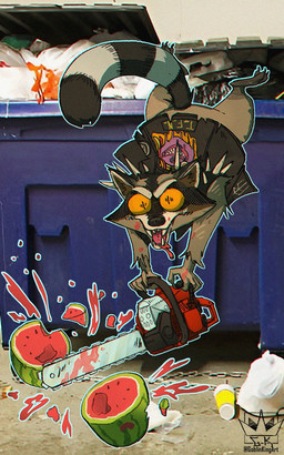 anthro bottomwear brown_body brown_fur chainsaw claws clothing food fruit fur holding_chainsaw holding_object holding_power_tool holding_tool jacket looking_at_viewer male melon open_mouth pants photo_background plant power_tool solo tail tools topwear trash watermelon goblinkingart mammal procyonid raccoon digital_media_(artwork) mixed_media photography_(artwork)