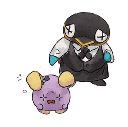 ambiguous_gender anthro beak black_body butler clothed clothing duo male necktie pink_body pupils simple_background unusual_pupils white_background zhengyi_wang animal_crossing nintendo pokemon cube_(animal_crossing) avian bird generation_3_pokemon penguin pokemon_(species) whismur crossover