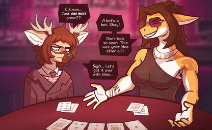 ace_of_spades annoyed anthro antlers bar big_breasts black_nose blurred_background bracelet breasts brown_hair card card_game clothed clothing coat duo eyewear facial_markings female five_of_clubs furniture gaming hair head_markings horn jewelry king_of_hearts king_of_spades looking_at_another looking_down looking_down_at_object lost_bet markings multicolored_body multicolored_skin necklace necktie nine_of_diamonds non-mammal_breasts off_shoulder orange_body orange_skin playing_card poker purple_eyes red_necktie shirt silver_(metal) silver_jewelry six_of_spades sunglasses sweater table tan_body teeth text three_of_diamonds topwear two_tone_body two_tone_skin white_body white_clothing white_shirt white_skin white_topwear areye_(artist) aloralux shay_sins deer fish mammal marine shark english_text hi_res