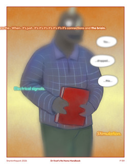 3_fingers anthro blue_clothing blue_shirt blue_topwear blurry_vision book border bottomwear clothing dialogue fingers green_bottomwear green_clothing green_pants holding_book holding_object horn male pants red_book shirt solo speech_bubble text topwear white_border sharkinthepark mammal rhinoceros 2026 4:5 absurd_res comic english_text hi_res