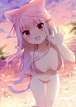accessory bikini blush bow_(feature) bow_accessory bow_ribbon breasts camel_toe cleavage clothed clothing cloud fangs female hair hair_accessory hair_bow hair_ribbon human_and_animal_ears multi_ear open_mouth outside pink_hair red_eyes ribbons sea sky solo sun swimwear teeth two-piece_swimsuit water wet mafuyu animal_humanoid cat_humanoid felid felid_humanoid feline feline_humanoid humanoid mammal mammal_humanoid 2018 digital_media_(artwork) hi_res shaded
