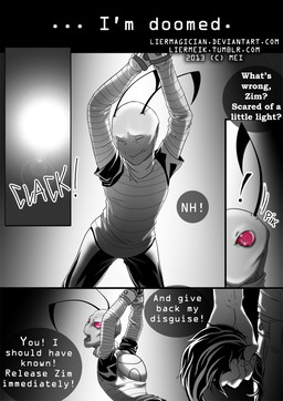 antennae_(anatomy) backpack bound clothed clothing dialogue exclamation_point eyes_closed fist male not_furry open_mouth pak question_mark red_eyes speech_bubble text lier_magician invader_zim nickelodeon zim_(invader_zim) alien alien_humanoid human humanoid irken mammal 2013 comic digital_media_(artwork) english_text url