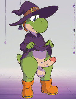 anthro balls clothed clothing clothing_lift erection femboy footwear genitals glans green_body hat headgear headwear humanoid_genitalia humanoid_penis magic_user male non-mammal_balls penis robe robe_only simple_background solo standing tail witch dinim mario_bros nintendo dinosaur green_yoshi prehistoric_species reptile scalie yoshi absurd_res hi_res