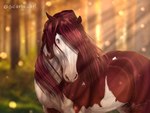 ambiguous_gender blurred_background brown_body brown_mane empty_eye_socket feral forest mane outside plant side_view solo tree white_body scarlanya scarla_(scarlanya) equid equine horse mammal 2020 4:3 dated signature female_(lore)