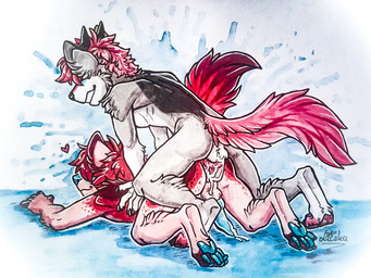 all_fours anal anal_penetration anthro anthro_on_anthro anthro_penetrated anthro_penetrating anthro_penetrating_anthro anus backsack balls bent_over biped bodily_fluids butt cum cum_in_ass cum_inside duo erection from_behind_position genital_fluids genitals grin knot male male/male male_penetrated male_penetrating male_penetrating_male penetration penis sex simple_background smile liczka canid canine canis mammal wolf 4:3 painting_(artwork) signature source_request traditional_media_(artwork) traditional_painting_(artwork) traditional_watercolor_(artwork) watercolor_(artwork)