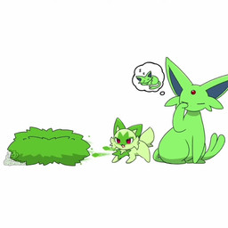 ambiguous_gender bar_emanata blue_inner_ear daww duo emanata eyes_closed facial_markings facial_tuft feral forehead_gem forked_tail fur gem green_body green_fur green_markings head_markings larger_ambiguous long_ears long_tail looking_at_another lying markings monotone_body monotone_fur neck_tuft nude on_front open_mouth open_smile pawpads paws pink_pawpads plant pupils purple_eyes quadruped red_eyes red_gem shrub simple_background sitting size_difference sleeping smaller_ambiguous smile sound_effects standing tail thought_bubble tired tuft unusual_anatomy unusual_tail vowelless vowelless_sound_effect white_background white_pupils zzz tontaro nintendo pokemon eeveelution espeon felid generation_2_pokemon generation_9_pokemon mammal pokemon_(species) shiny_pokemon sprigatito 1:1 2023 2d_animation animated digital_media_(artwork) frame_by_frame pictographics shaded short_playtime signature simple_shading sound video