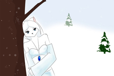 anthro blue_eyes female hair looking_at_viewer nipple_outline outside snow solo white_hair regalweasel canid canine fox mammal 3:2 source_request