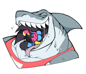 anthro blush bodily_fluids clothing dark_body dark_fur duo dyed_fur fin fur gills grey_body grey_skin imminent_vore larger_male looking_at_prey male male/male muscular muscular_male predator/prey red_clothing saliva saliva_string sharp_teeth shirt size_difference smile smiling_at_another smug_grin tank_top teeth tongue topwear vore wet willing_prey boot_(artist) discovery_channel shark_week boot_(character) aquatic bat bovid caprine fish goat mammal shark unknown_species 2019