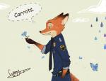 2017 anthro arthropod belt butterfly canid canine clothing cloud dialogue disney dotted_line dotted_line_speech_bubble english_text flower fox fur green_eyes group hi_res insect lepidopteran male mammal necktie nick_wilde outside plant police police_uniform raining simple_background sky solo_focus speech_bubble standing text uniform warmy_(artist) zootopia