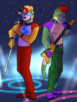 alternate_species anthro anthrofied bass_guitar blue_eyes bottomwear bow_tie bracelet bulge clothed clothing collar duo ear_piercing ear_ring electronics eyewear footwear furrification glasses guitar hair hat headgear headwear holding_guitar holding_microphone holding_musical_instrument holding_object jewelry male microphone microphone_stand mohawk musical_instrument navel nipples pants piercing plucked_string_instrument red_eyes red_hair ring_piercing shoes shoulder_pads spiked_bracelet spiked_collar spikes star_glasses string_instrument teeth top_hat topless fuze five_nights_at_freddy's five_nights_at_freddy's:_security_breach scottgames steel_wool_studios glamrock_freddy montgomery_gator alligator alligatorid bear crocodilian mammal reptile scalie 2022 3:4 hi_res