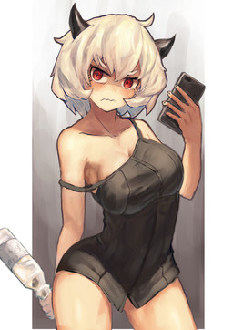 alcohol beverage big_breasts blush bottle breasts cellphone cleavage clothed clothing container electronics female hair horn not_furry phone red_eyes short_hair simple_background smartphone solo taku57 helltaker malina_(helltaker) demon horned_humanoid humanoid absurd_res hi_res portrait three-quarter_portrait