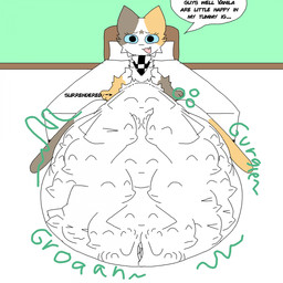 abdominal_bulge anthro bed belly big_belly blue_eyes checkered checkered_clothing checkered_scarf clothing dialogue duo endosoma face_imprint female furniture huge_belly hyper hyper_belly imprint male male_pred mass_vore mostly_nude multiple_prey navel oral_vore pattern_clothing pattern_scarf paw_imprint rumbling_stomach safe_vore scarf scarf_only simple_background solo_focus speech_bubble text vore liwenenix liwen vanilla_(liwenenix) calico_cat domestic_cat felid feline felis mammal 1:1 english_text hi_res