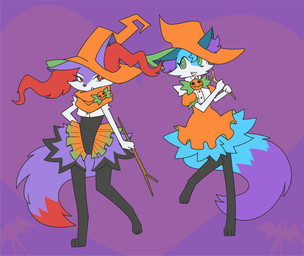 alternate_color anthro black_body black_clothing black_fur blue_body blue_fur cheek_tuft clothing duo eyelashes facial_tuft fangs female fur green_eyes hand_on_hip hat headgear headwear holding_object holding_stick holidays inner_ear_fluff leg_tuft leotard narrowed_eyes open_mouth open_smile orange_clothing pumpkin_clip purple_background purple_body purple_fur raised_leg red_body red_eyes red_fur simple_background smile stick teeth thigh_tuft tuft white_body white_clothing white_fur witch_hat rakuma-imp halloween nintendo pokemon braixen generation_6_pokemon pokemon_(species) shiny_pokemon 2023 digital_drawing_(artwork) digital_media_(artwork) hi_res