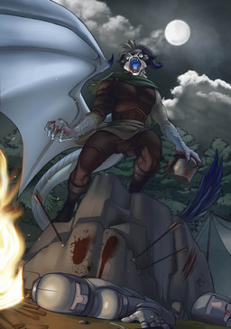 anthro armor blood blue_eyes blue_mouth blue_tongue bodily_fluids claws dragon_horn dragon_tail glowing glowing_eyes glowing_mouth killing male moon night one_wing scales sharp_teeth solo teeth tongue nikkol_uwu mythology rivets_(rivetstheblue) dragon hybrid mammal mythological_creature mythological_scalie procyonid raccoon scalie absurd_res hi_res