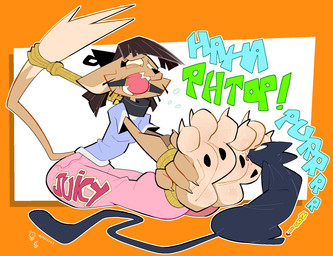 3_toes animal_noises ankles_tied anthro arms_tied ball_gag barefoot bdsm big_feet bondage bondage_gear bottomwear bound brown_hair claws clothed clothing collar countershade_feet countershading curling_toes duo ears_down extended_sound_effect feet female feral foot_fetish foot_focus foot_lick foot_play fur gag gagged hair hands_tied heart_after_text heart_symbol hindpaw laugh legs_tied licking male muffled onomatopoeia paws pivoted_ears print_bottomwear print_clothing purring restraints rope rope_bondage sitting soles sound_effect_variant sound_effects tan_body tan_fur text text_on_bottomwear text_on_clothing text_print text_with_heart tickle_fetish tickle_torture tickling tickling_feet toe_claws toes tongue tongue_out vocalization oddjuice domestic_cat felid feline felis mammal hi_res
