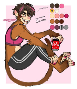 anthro athletic_wear beverage_can big_ears bottomwear bra breasts brown_body brown_fur clothed clothing colored_fingernails colored_nails ear_piercing ear_ring fangs feet female fingernails fur looking_at_viewer monkey_ears nails open_mouth pants piercing prehensile_feet ring_piercing sharp_teeth sitting solo sports_bra teeth toes underwear workout_clothing crimsonraven haplorhine mammal monkey primate absurd_res flat_colors hi_res model_sheet