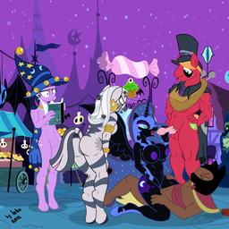 anthro anthrofied armor balls being_watched black_body black_feathers bodily_fluids book breasts butt clothing cowgirl_position cutie_mark ear_piercing erection feathered_wings feathers female freckles from_front_position fur genital_fluids genitals group hair handjob hat headgear headwear helmet horn looking_at_another male male/female membrane_(anatomy) membranous_wings multicolored_hair nipples on_bottom on_top open_mouth outside penetration penile penis piercing plow_yoke public purple_body purple_fur purple_hair sex straddling stripes tail top_hat two_tone_hair vaginal vaginal_fluids vaginal_penetration vulva wings el-loko friendship_is_magic hasbro my_little_pony mythology big_macintosh_(mlp) nightmare_moon_(mlp) twilight_sparkle_(mlp) zecora_(mlp) earth_pony equid equine horse mammal mythological_creature mythological_equine pony winged_unicorn zebra 1:1 2012 hi_res