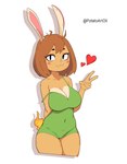 anthro big_breasts breasts brown_body brown_fur brown_hair cleavage clothed clothing female fur hair heart_symbol simple_background smile solo white_background potatoartox xingzuo_temple chelizi_(diives) humanoid lagomorph leporid mammal rabbit hi_res