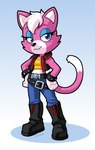 anthro belt black_nose blue_background blush boots bracelet clothing eyelashes female footwear fur hair half-closed_eyes jacket jewelry makeup narrowed_eyes pink_body pink_fur shirt shoes simple_background solo standing topwear white_body white_fur white_hair rongs1234 nintendo star_fox katt_monroe domestic_cat felid feline felis mammal 2015