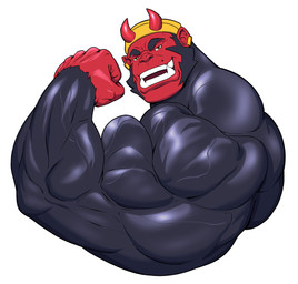 anthro beanie big_muscles black_body black_fur clothing ear_piercing ear_ring fangs fist flexing flexing_bicep fur hat headgear headwear horn huge_muscles hyper hyper_muscles male muscular muscular_arms muscular_male piercing red_body red_skin ring_piercing solo teeth vein buzzybub buzzy haplorhine mammal monkey primate