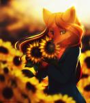 afternoon anthro black_nose brown_body brown_fur brown_hair clothing day female flower fur green_eyes hair leaf long_hair looking_at_viewer outside plant scarf smile solo standing sunflower sunny silberhoernchen canid canine mammal