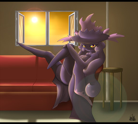 alternate_species bedroom_eyes black_bars breasts clothing female furniture hair half-closed_eyes hat headgear headwear humanoidized inviting looking_at_viewer narrowed_eyes not_furry pokemorph purple_hair red_eyes seductive sofa solo stool sunset yellow_sclera latiar nintendo pokemon bellanette fan_character generation_4_pokemon humanoid mismagius pokemon_(species) 2013 letterbox
