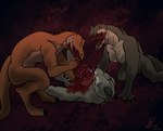 anthro blood bodily_fluids breasts cannibalism corpse death female gore group male prompt scales violence yenocwolf secrets_of_uncrom uncrom carnosaur dinosaur malexonas prehistoric_species reptile scalie absurd_res hi_res