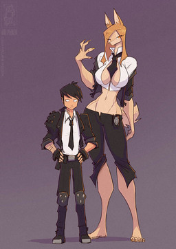 anthro badge band-aid band-aid_on_arm band-aid_on_neck bandage barefoot black_hair boots breasts brown_eyes brown_hair claws cleavage clothed clothing duo feet female fingerless_gloves footwear fur gloves grey_background hair handwear jacket knee_pads looking_at_viewer male necktie shirt shoes simple_background size_difference tan_body tan_fur tank_top topwear conditional_dnp jollyjack mythology canid canine human mammal mythological_canine mythological_creature werecanid werecanine werecreature werewolf 2025