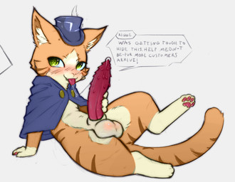 4_fingers 4_toes animal_genitalia animal_penis anthro balls blush bodily_fluids cat_tail cloak clothing cum dialogue erection feet feline_genitalia feline_penis fingers fur genital_fluids genitals green_eyes hand_on_penis hat headgear headwear inner_ear_fluff looking_at_viewer male multicolored_body orange_body orange_fur pawpads penile_spines penis precum propositioning saliva sheath simple_background solo striped_body stripes tail text toes tuft two_tone_body minzemilk octopath_traveler octopath_traveler:_champions_of_the_continent square_enix cait rique_(octopath_traveler:_cotc) calico_cat domestic_cat felid feline felis mammal